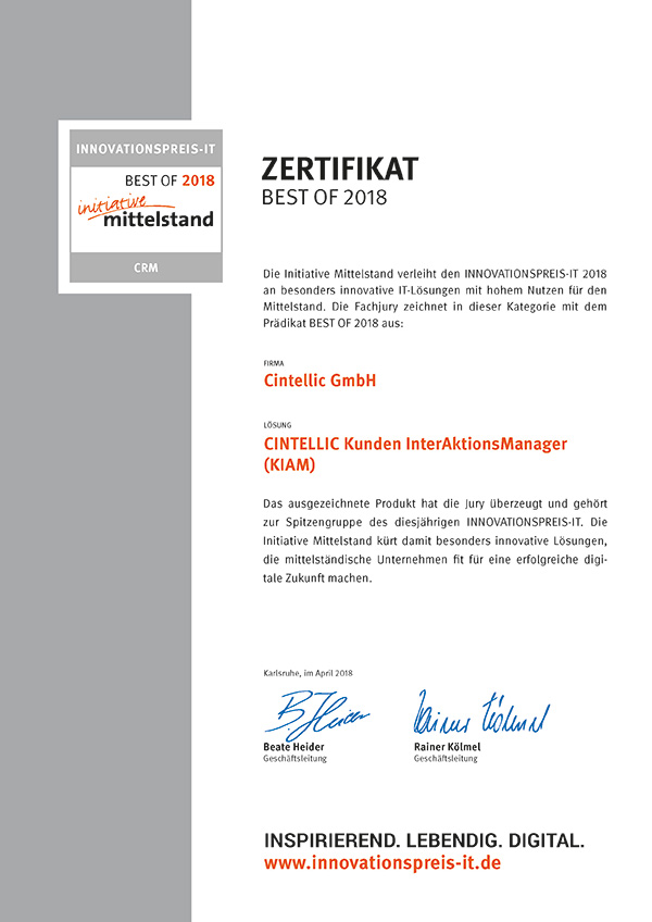 Cintellic_KIAM-Zertifikat-InnovationspreisIT Zertifikat Best of Mittelstand 2018